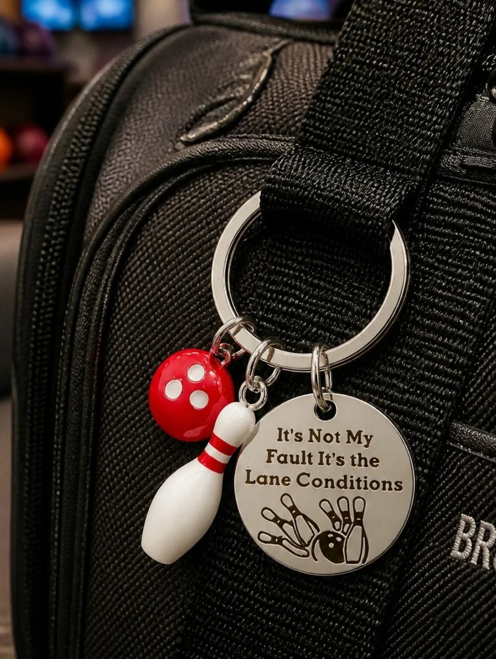 Bowling Keychain Red Ball & Pin Funny Engraved Sports Charm Gift Stainless Steel